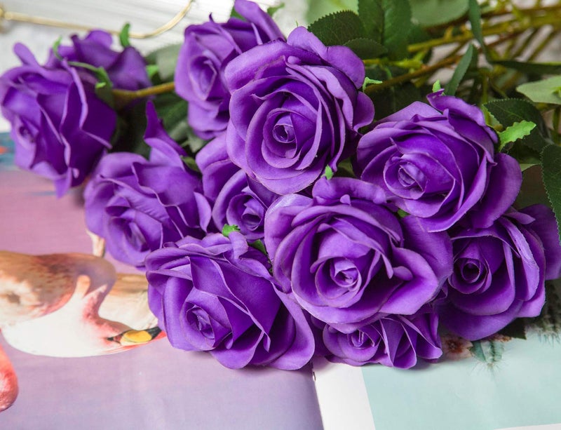 DuHouse 10pcs Fake Roses Artificial Silk Flowers Faux Rose Flower Long Stems Bouquet for Arrangement Wedding Centerpiece Party Home Kitchen Decor(Purple) - Image 4
